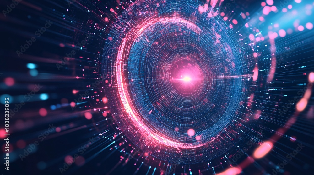 2410_191.circular big data visualization, vibrant neon lines radiating from central point, dark blue background, futuristic technology concept, abstract digital flow representation, pink and light 2410_191.circular big data visualization, vibrant neon lines radiating from central point, dark blue background, futuristic technology concept, abstract digital flow representation, pink and light