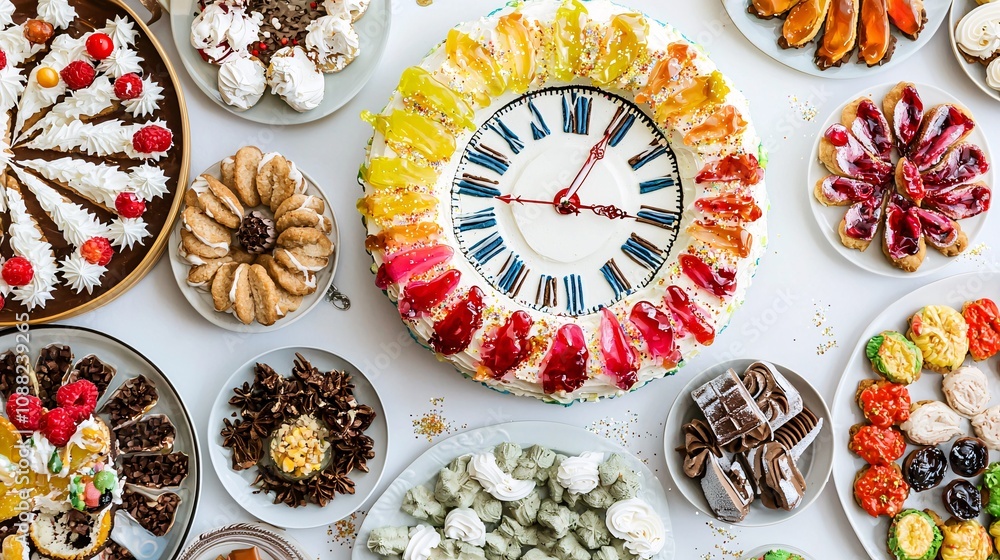 Festive Dessert Table Display Featuring Colorful Pastries, Cakes, and Sweets Arranged in Round Layout with Clock Centerpiece for Celebration Moments Festive Dessert Table Display Featuring Colorful Pastries, Cakes, and Sweets Arranged in Round Layout with Clock Centerpiece for Celebration Moments