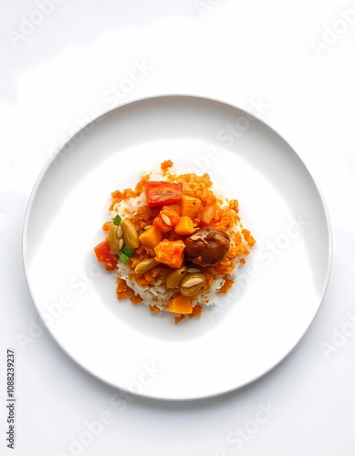 A plate of nasi tomato with fragrant tomato rice, spicy chicken or lamb curry, acar, and fried shallots on a white plate against a minimalist background. Soft lighting highlights its vibrant colors photo