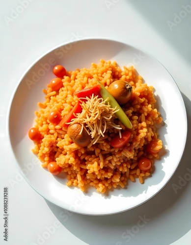 A plate of nasi tomato with fragrant tomato rice, spicy chicken or lamb curry, acar, and fried shallots on a white plate against a minimalist background. Soft lighting highlights its vibrant colors photo