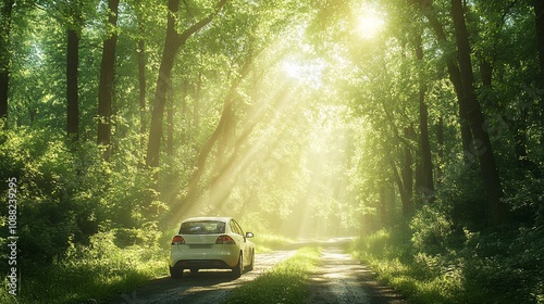 2410_345.electric car moving through a lush green forest, soft beams of sunlight breaking through the high trees, tranquil nature setting, focus on sustainable travel, a quiet drive in an