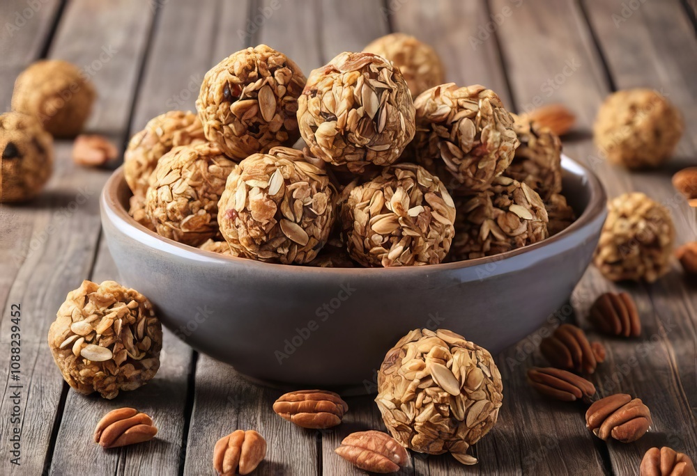 A flat lay of granola balls on a wooden background A flat lay of granola balls on a wooden background