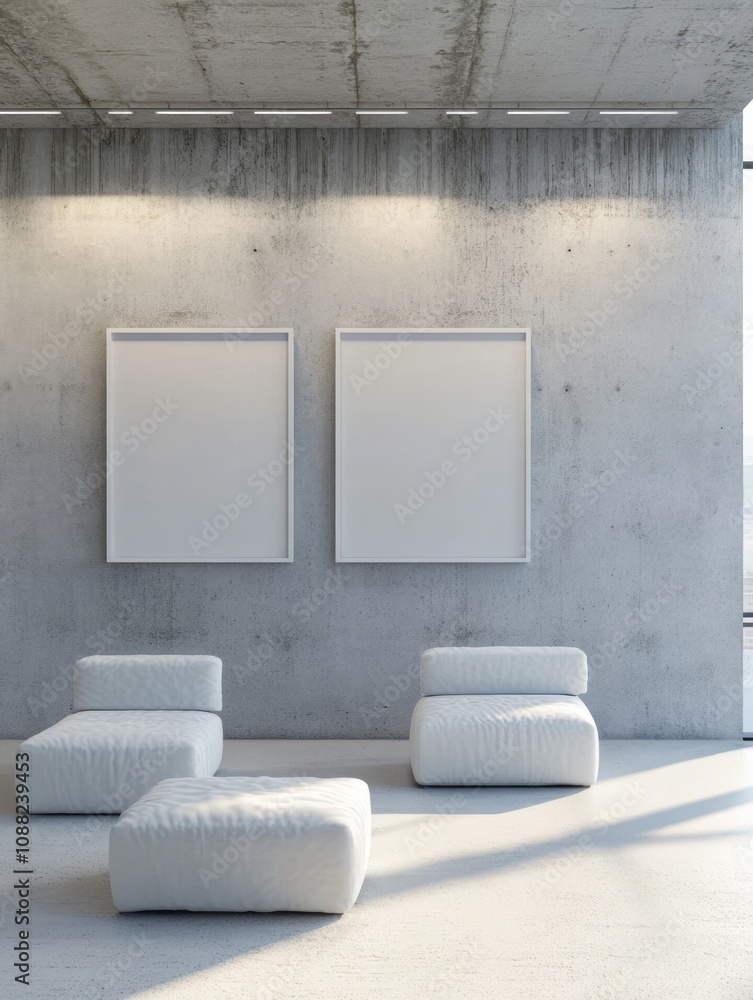 Fototapeta premium Modern minimalist room with white furniture and blank frames