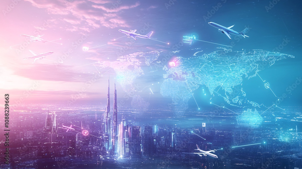 Fototapeta premium 2410_324.a high-tech concept art of the global travel industry, with a light blue world map overlay, white flight routes connecting various continents, glowing airplane icons, a futuristic city
