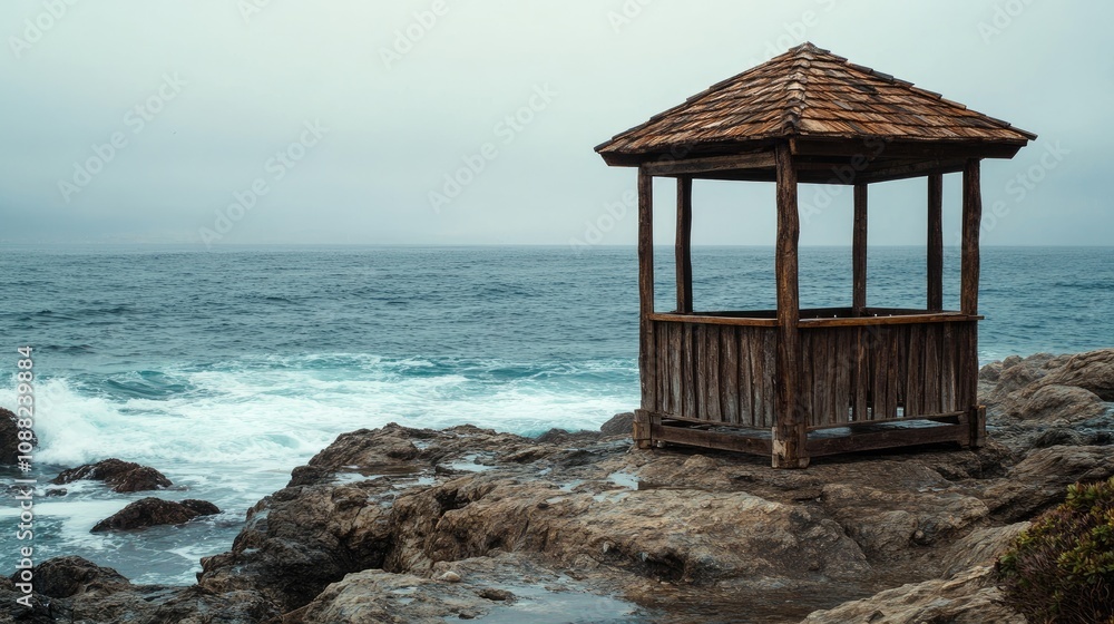 Small wooden gazebo with rustic charm, placed on a rocky beach, ocean waves nearby, overcast Small wooden gazebo with rustic charm, placed on a rocky beach, ocean waves nearby, overcast