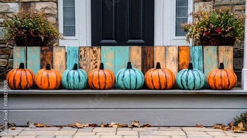 Eight Painted Pumpkins on a Porch with a Wooden Fence