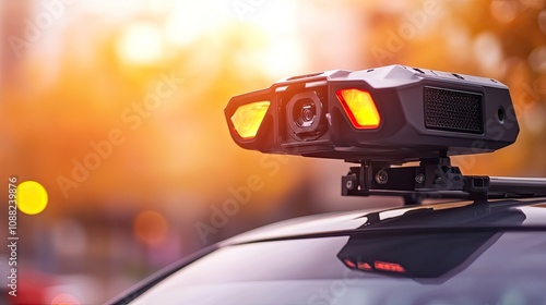 Police camera mounted on vehicle capturing cityscape during sunset