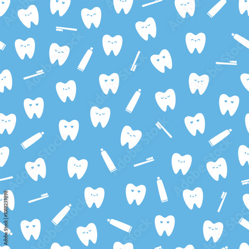 cute simple cartoon tooth  seamless pattern background in blue and white color