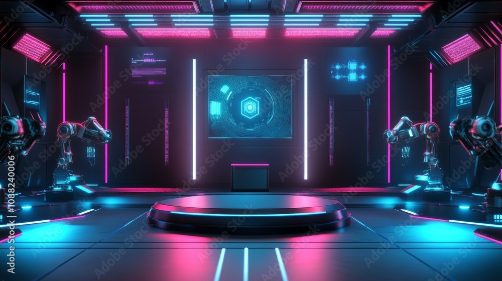 Futuristic Tech Lab with Neon Lights and Robots Futuristic Tech Lab with Neon Lights and Robots