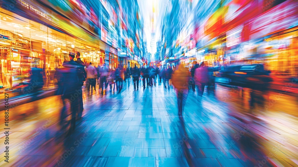 Colorful Urban Street Scene with Motion Blur, People Walking, Vibrant Lights, and Reflections on Wet Pavement in a Busy City Center Colorful Urban Street Scene with Motion Blur, People Walking, Vibrant Lights, and Reflections on Wet Pavement in a Busy City Center
