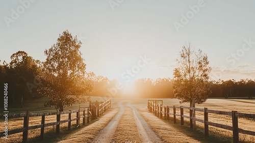 Wallpaper Mural Serene Country Road Leading to a Golden Sunrise with Gentle Light Over Fields and Trees, Creating a Peaceful Rural Landscape Experience Torontodigital.ca