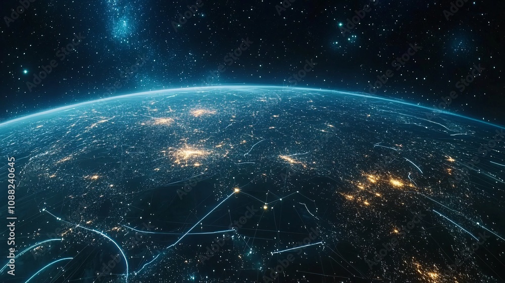 Obraz premium 2410_277.planet earth at night, bright lights from cities scattered across continents, lines of light representing global communication systems, curved digital lines connecting different parts of the