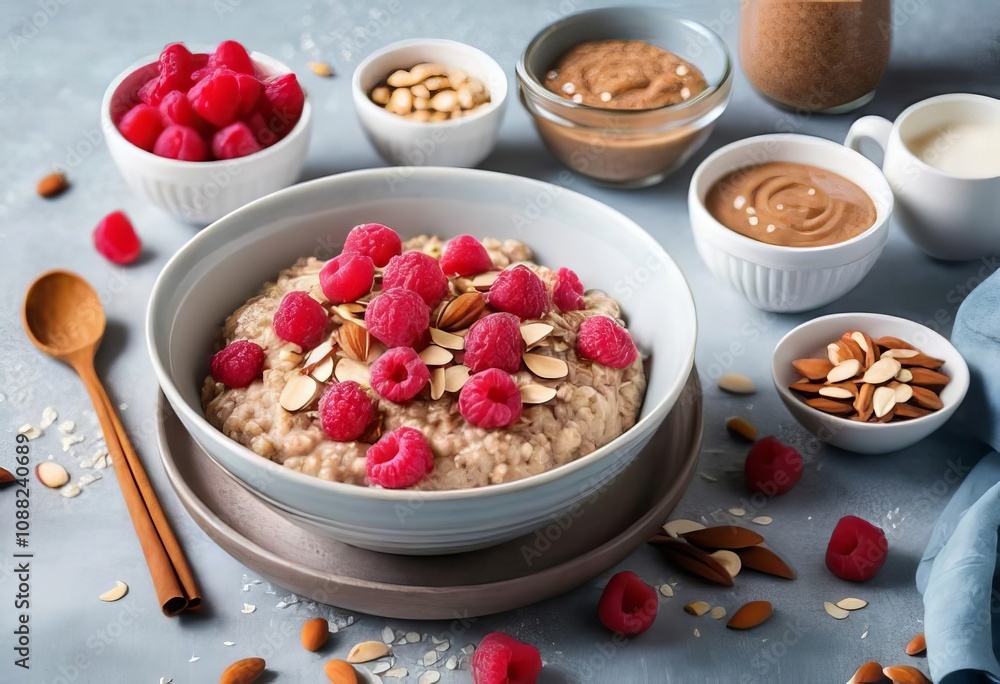 A bowl of oatmeal porridge topped with raspberries, almonds, cinnamon, almond butter, and coconut flakes. A bowl of oatmeal porridge topped with raspberries, almonds, cinnamon, almond butter, and coconut flakes.