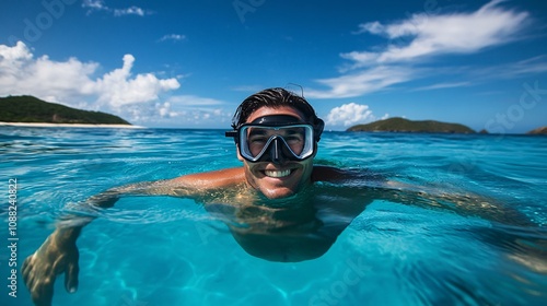 2410_053.self-portrait of enthusiastic snorkeler, sun-tanned skin, azure sea stretching to horizon, partially visible aquatic animal, cloudless sky, marine ecotourism scene