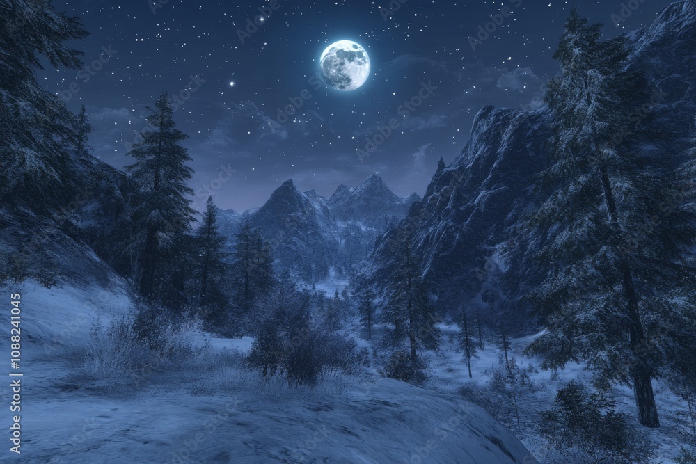 Serene Winter Night Landscape with Snow-Covered Mountains, Pine Trees, and a Bright Full Moon Illuminating the Starry Sky in a Tranquil Setting Serene Winter Night Landscape with Snow-Covered Mountains, Pine Trees, and a Bright Full Moon Illuminating the Starry Sky in a Tranquil Setting