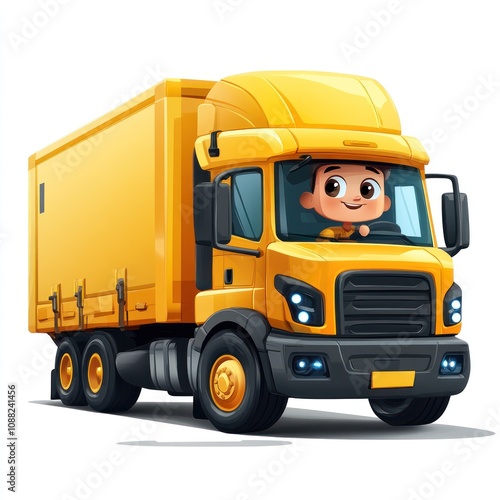 A cheerful cartoon yellow truck with a smiling driver, designed for playful transport themes.