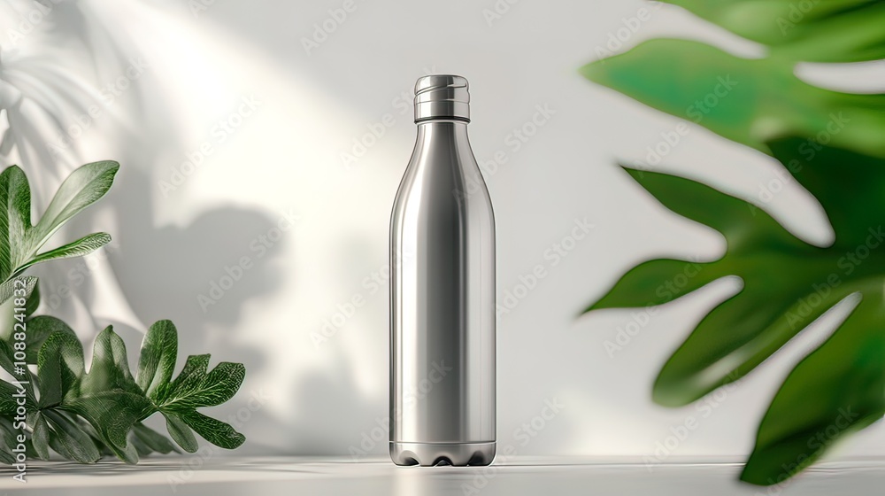 Sleek silver insulated water bottle on white background with tropical leaves. Sleek silver insulated water bottle on white background with tropical leaves.