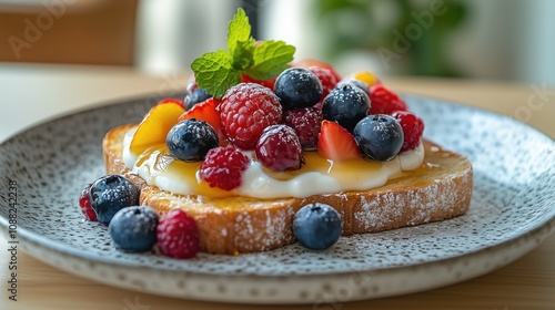 An artistic presentation of European-style breakfast with toast, fresh berries, and Greek yogurt drizzled with honey,