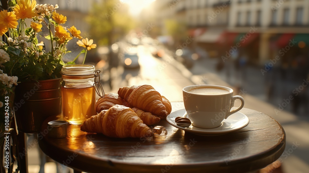 Parisian breakfast with croissant, classic French cafe morning, croissant and coffee on terrace ,A romantic European breakfast setting with fresh croissants, a jar of honey Parisian breakfast with croissant, classic French cafe morning, croissant and coffee on terrace ,A romantic European breakfast setting with fresh croissants, a jar of honey
