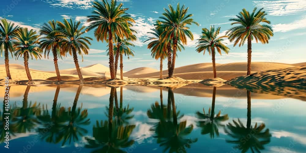 Oasis mirage in the desert with palm trees and crystal-clear water reflecting the sky, 4K Video Oasis mirage in the desert with palm trees and crystal-clear water reflecting the sky, 4K Video
