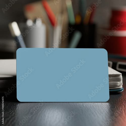 Blue Business Card Mockup on Wooden Desk