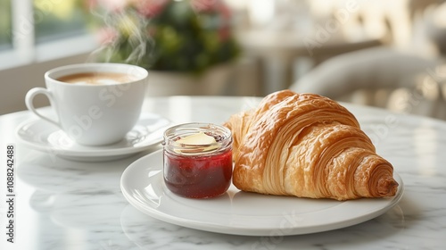 An elegant arrangement of European breakfast featuring croissants, butter, and a small jar of fruit jam on a marble table, paired with a steaming cup of coffee,