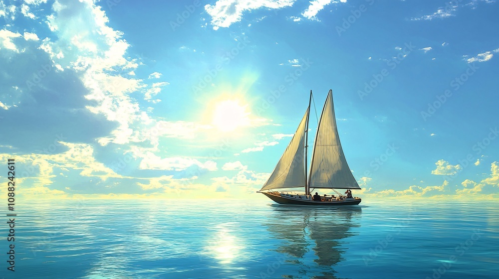 Fototapeta premium 2410_351.a luxurious yacht sailing across calm ocean waters, a couple sitting at the edge of the boat, enjoying the warmth of the sun, surrounded by a serene tropical seascape, gentle breeze in their