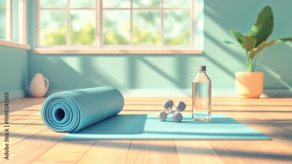 Fototapeta premium Minimalist Home Gym Setup with Yoga Mat and Dumbbells ,Morning Light on a Yoga Mat: Home Fitness Serenity ,Yoga and wellness lifestyle
