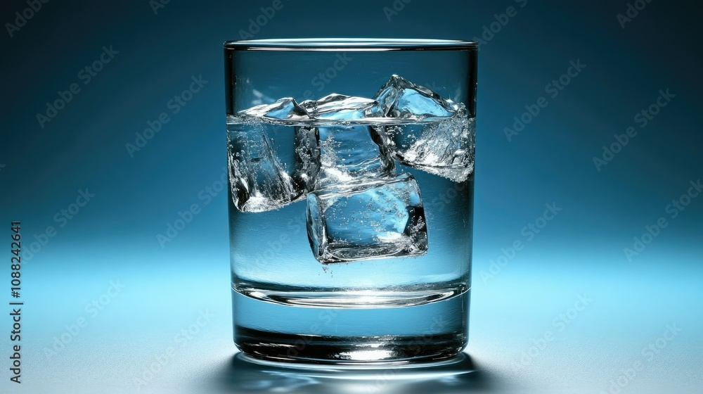 A clear glass filled with water and ice cubes, set against a simple, serene blue background. A clear glass filled with water and ice cubes, set against a simple, serene blue background.
