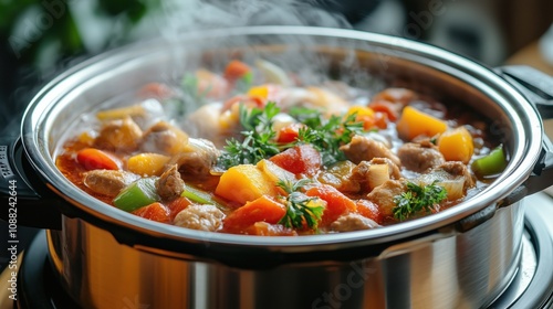 Nutritious Culinary Techniques featuring a pressure cooker releasing steam while cooking a hearty stew with fresh ingredients,
