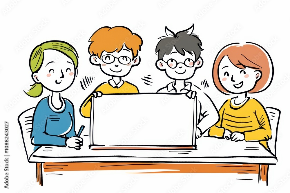 A diverse group of professionals collaborating at a table with a blank board. A diverse group of professionals collaborating at a table with a blank board.