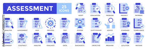 Assessment icon collection set. Containing audit, evaluation,risk, problem, project icon. Simple filled vector illustration.