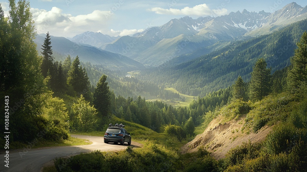2410_005.scenic mountain drive composition, compact suv with cycling equipment, premium bike carrier system, vast mountain terrain vista, curved road leading perspective, lush greenery borders, 2410_005.scenic mountain drive composition, compact suv with cycling equipment, premium bike carrier system, vast mountain terrain vista, curved road leading perspective, lush greenery borders,