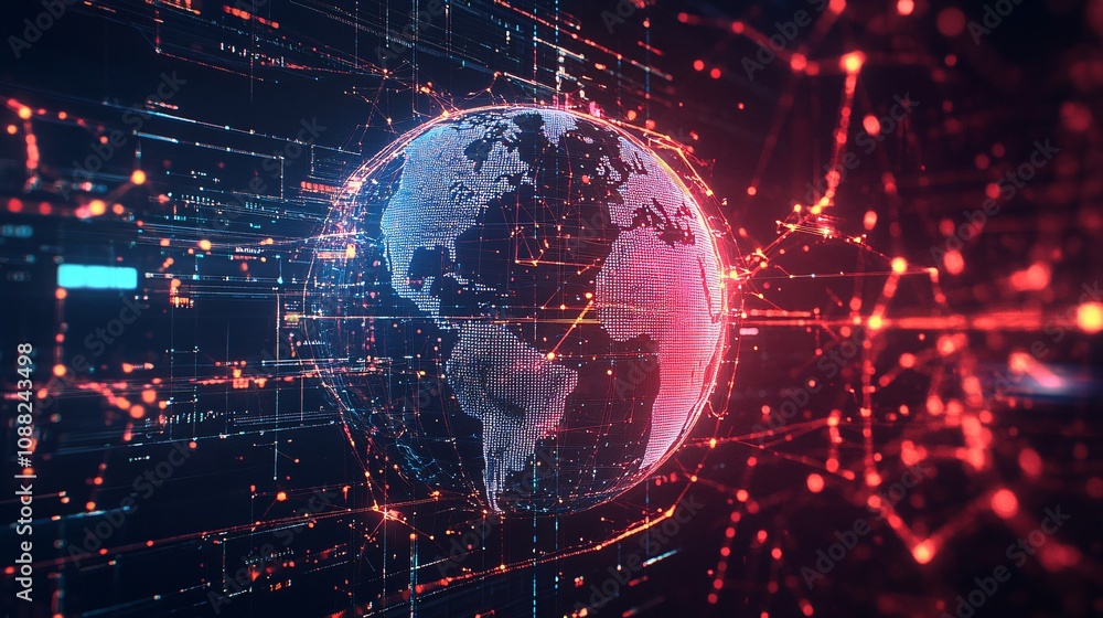 Fototapeta premium 2410_275.world network communication visual with hologram earth, multiple data servers linked by glowing pathways, processing and storage concept, futuristic cyber environment, bright neon colors