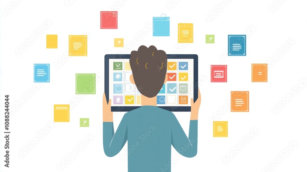 Modern Flat Design - Character Organizing Daily Schedule on Tablet with Colorful Icons and Task Categories Modern Flat Design - Character Organizing Daily Schedule on Tablet with Colorful Icons and Task Categories