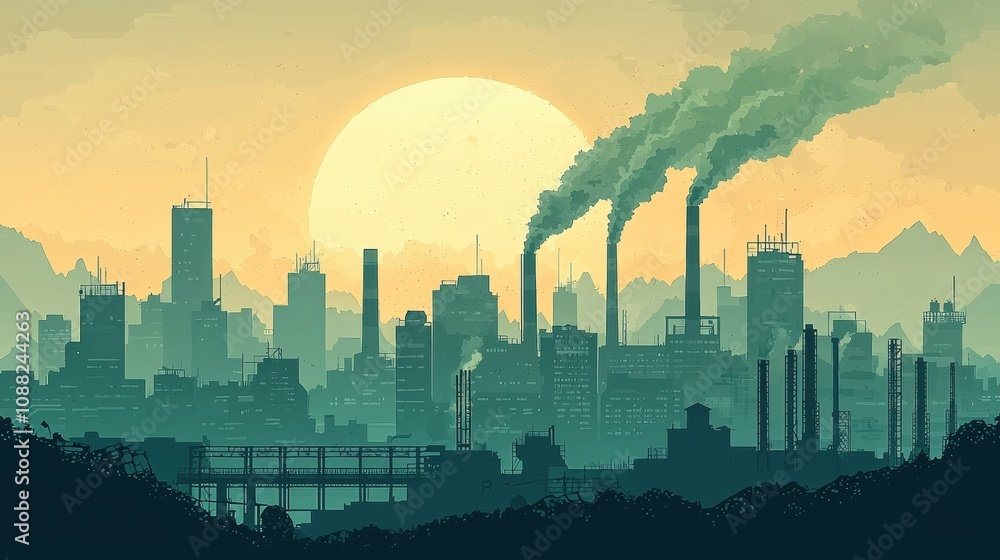 Obraz premium Industrial Landscape at Sunset with Smokestacks Emitting Pollution over a City Skyline Surrounded by Mountains and a Golden Sun