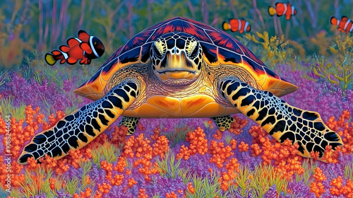 Vibrant Sea Turtle Swimming Through Colorful Coral Reef Surrounded by Clownfish in an Underwater Paradise Full of Life and Color
