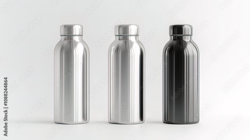 Three stainless steel water bottles in silver and black, isolated on white background. Three stainless steel water bottles in silver and black, isolated on white background.