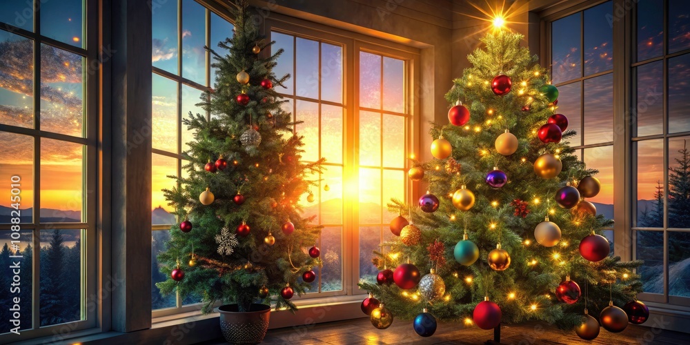 Enchanting Silhouette of a Christmas Tree Adorned with Lights and Ornaments Bathed in Sunlight Streaming Through a Window Enchanting Silhouette of a Christmas Tree Adorned with Lights and Ornaments Bathed in Sunlight Streaming Through a Window