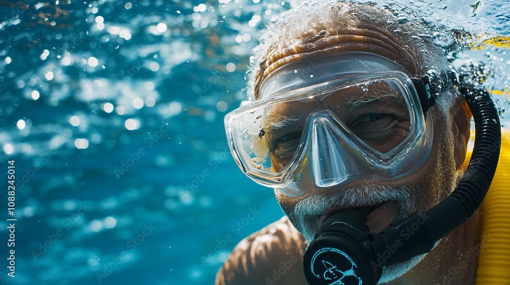 2410_055.head and shoulders shot of male tour guide in snorkeling equipment, radiant expression, deep blue ocean waters, subtle presence of marine wildlife, summer adventure ambiance 2410_055.head and shoulders shot of male tour guide in snorkeling equipment, radiant expression, deep blue ocean waters, subtle presence of marine wildlife, summer adventure ambiance