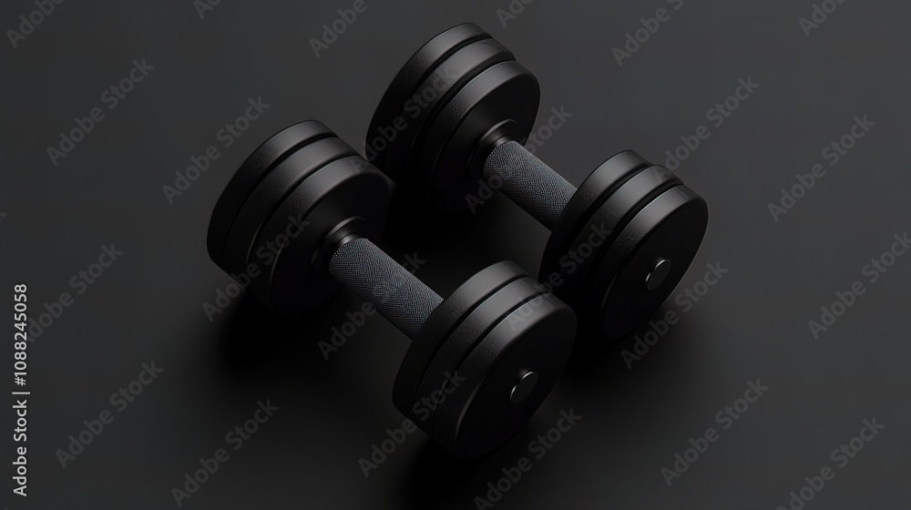 Two black dumbbells on a dark surface. Two black dumbbells on a dark surface.