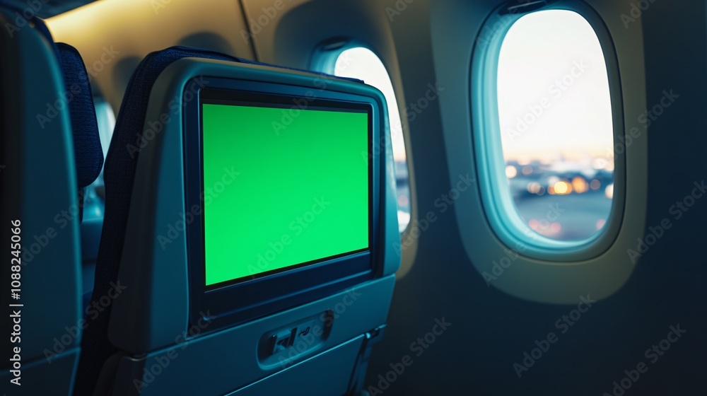 2410_248.a sleek airplane cabin featuring a large screen on the back of a passenger seat, the screen showing a vibrant green blank space to the right, there’s a window displaying the tarmac and 2410_248.a sleek airplane cabin featuring a large screen on the back of a passenger seat, the screen showing a vibrant green blank space to the right, there’s a window displaying the tarmac and