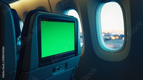 2410_248.a sleek airplane cabin featuring a large screen on the back of a passenger seat, the screen showing a vibrant green blank space to the right, thereâ€™s a window displaying the tarmac and photo