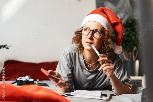Canvastavla Woman in New Year's cap lying on bed and writing down ideas for New Year's celebration, making plans for New Year