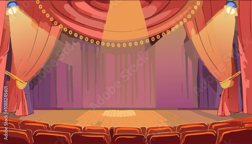 Illustration of an empty theater stage with red curtains and spotlights