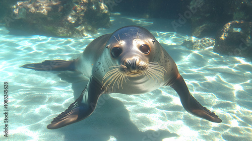 Playful Sea Lion Swimming Gracefully in Clear Blue Water of Ocean with Sunlight Reflections Capturing the Beauty of Marine Life Underwater