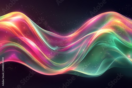 Abstract colorful glowing wave with particles on dark background.