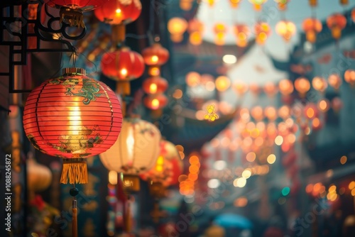 Vibrant Red Lanterns Illuminating a Traditional Street Scene, Evoking Cultural Heritage and Celebration with Soft Bokeh Effect in Lanterns and Background