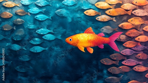 A vibrant, lone fish swimming upstream through a river of shimmering, identical fish, representing the struggle of breaking free from conformity