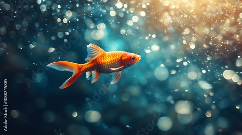 A vibrant, lone fish swimming upstream through a river of shimmering, identical fish, representing the struggle of breaking free from conformity